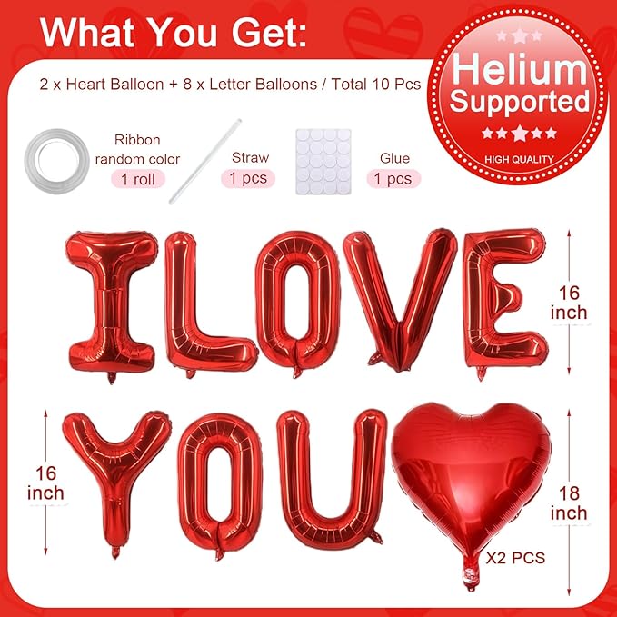 Valentines Day Balloons Decorations Red 10 Pcs 16 Inch - "I Love You" Letter + Heart Balloons with Tape Straws Ribbon for Romantic Party Proposal Wedding Bedroom Valentines Day Decor