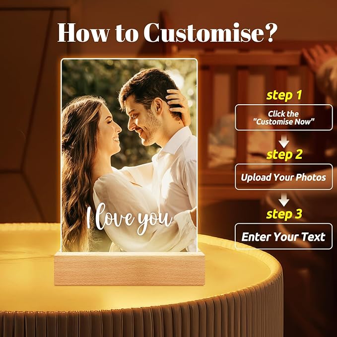 Custom Picture Frames with Photo, Personalized Photo Frame with Night Light, Customized Picture Frame, Personalized Anniversary Birthday Gifts for Women Men Girlfriend Boyfriend Her Him