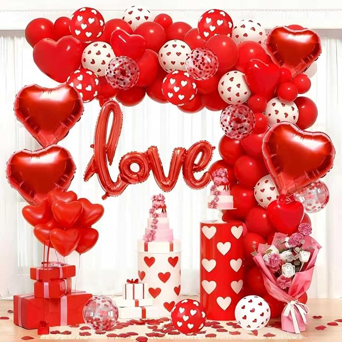 117pcs Valentines Day Balloon Arch Kit and 1000pcs red rose petals, Red Confetti Heart Balloons Love Foil Balloons for Valentines Day Balloon Decorations Engagement Wedding Party Supplies