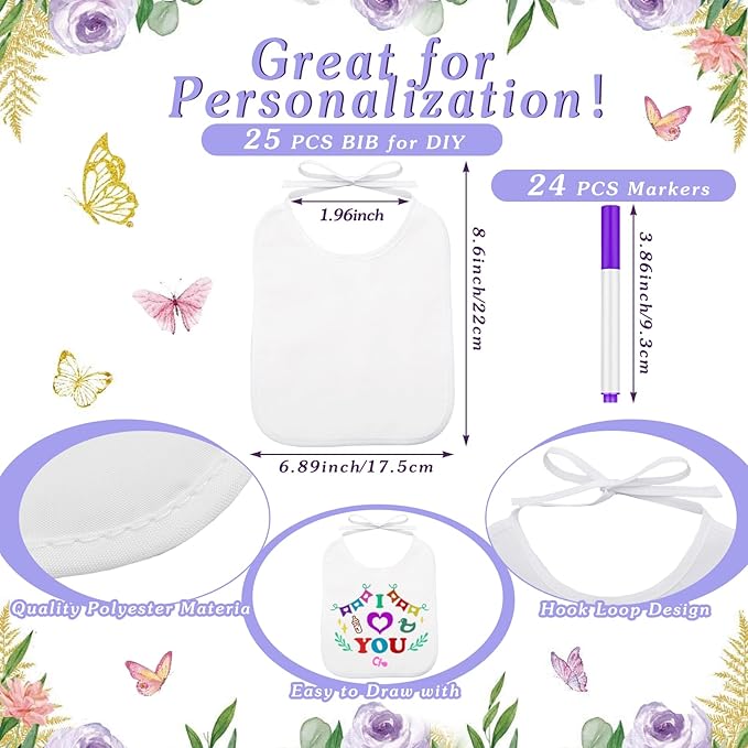 50 Pcs Baby Shower Game White Bib Kit Include 1 Wooden Baby Shower Game Sign 25 DIY Blank White Bibs 24 Colorful Markers(Butterfly)