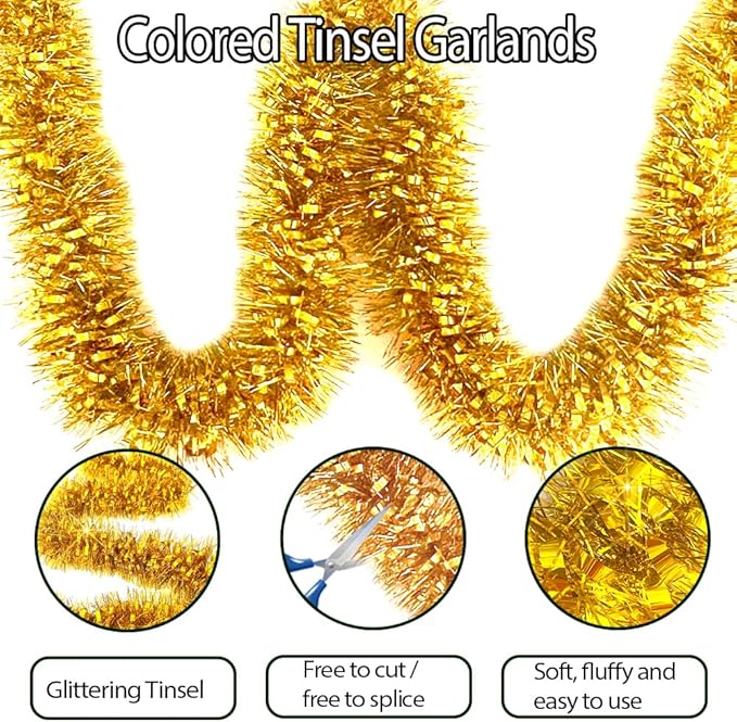 33Ft Christmas Tinsel Garland Shiny Thick Tinsel Xmas Tree Decor Metallic Twist Foil Garland for New Year Parties Birthday Party Thanksgiving Day Parade Floats Indoor Outdoor Supplies - Gold