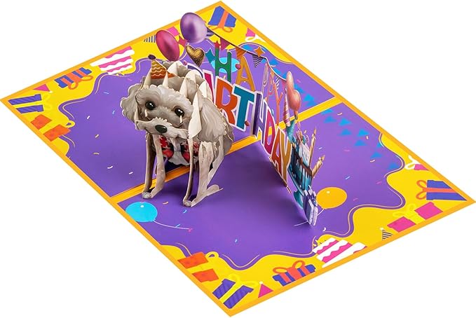 Poodle Dog Pop Up Happy Birthday Greeting Card, ideal love Gift for Adult and Kid with Blank Note & Envelope, Foldable Celebration for Daughter, Son, Mom, Dad, Friend, Children