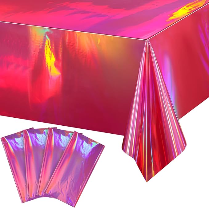 4 Pack Hot Pink Iridescence Plastic Tablecloths Shiny Disposable Laser Rectangle Table Covers Holographic Foil Tablecloth Iridescent Party Decorations Birthday Bridal Wedding Christmas, 54 x 108 Inch