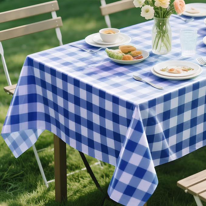 3 Packs Blue Checkered Tablecloth 54 x 108 Inch Waterproof Rectangular Plaid Tablecloth Disposable Plastic Table Cover for Holiday Birthday Party