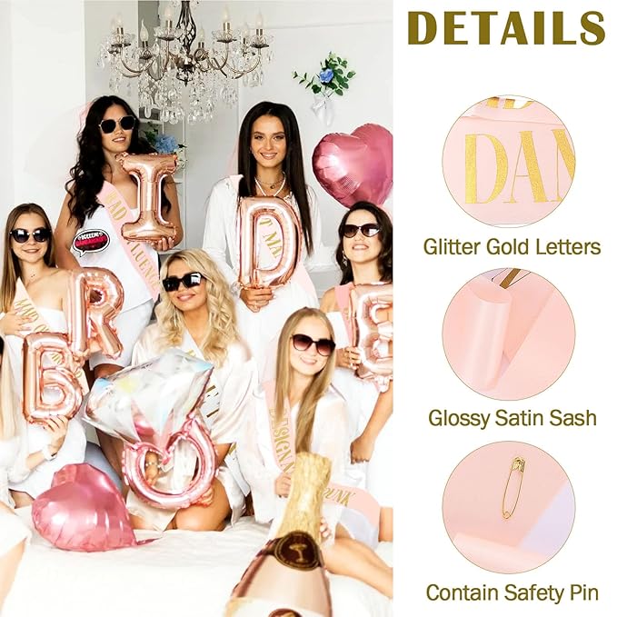 12 Pcs Bachelorette Party Sashes Set - 1 White Bride to Be & 11 Rose Gold Bridesmaid Sashes, Fitting & Skin Friendly, Ideal for Pre - Wedding Celebrations