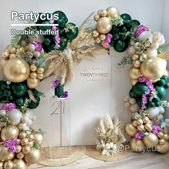 Emerald Green Gold Balloon Arch Kit, Double Stuffed Dark Forest Green Pearl White Sand Ivory Balloon Garland for Birthday Wedding Anniversary New Year Valentines Party Decoration