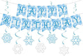 Zwiebeco Blue White Snowflakes Happy Birthday Party Decoration Sign Banner Hanging Paper Swirls for Kids Girls Womens Adults Winter Wonderland Themed Accessories Supplies