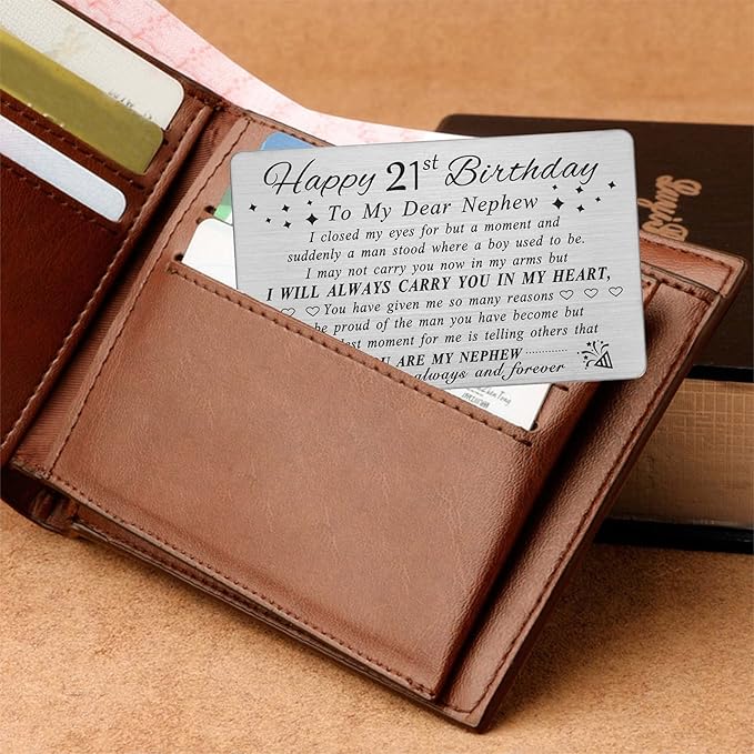 DEGASKEN Nephew 21st Birthday Card - 21st Birthday Card for Nephew - Happy 21 Year Old Birthday Gifts for Nephews, Special Engraved Wallet Card
