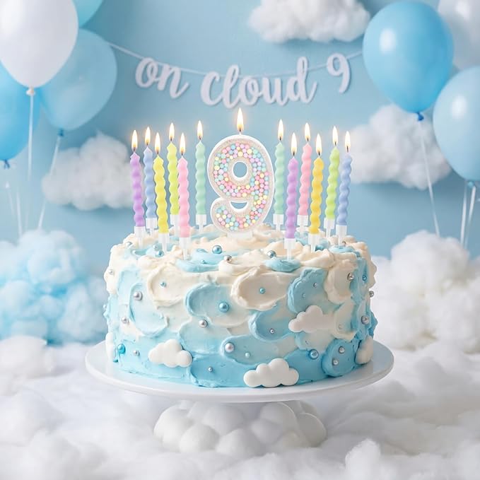 MTLEE Number 9 Birthday Candle with 12 Pcs Spiral Candles for Girls Macaron Pastel Rainbow Unicorn Pink Cake Topper for Sweet Theme Party Decoration