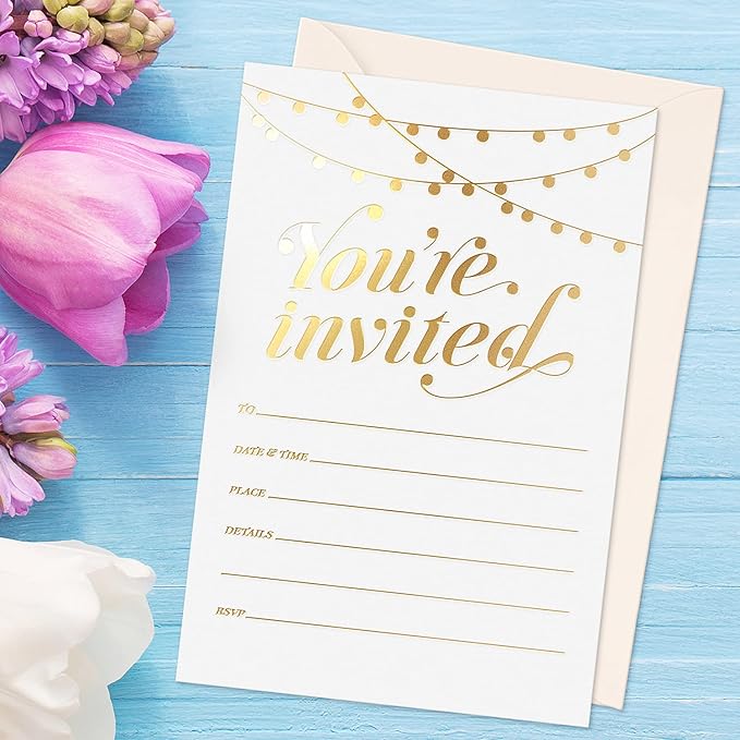 S&O Party Invitations! 25 Gold Foil Traditional Invitations with Envelopes, Wedding, Baby, & Bridal Shower Invite, Housewarming Birthday, and Girls Quinceanera Invite Cards for Every Celebration - 4x6