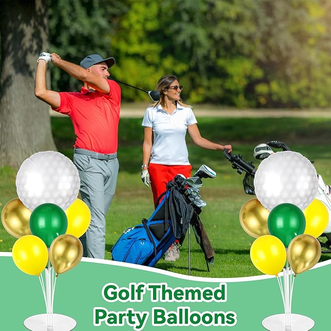 Golf Party Balloons Stand Kit 2 Sets With 2 White Golf Balls Foil Balloons Centerpieces for Tables Sports Party Dark Green Yellow Gold Balloon for Baby Shower Golfing Sports Theme Birthday Decorations