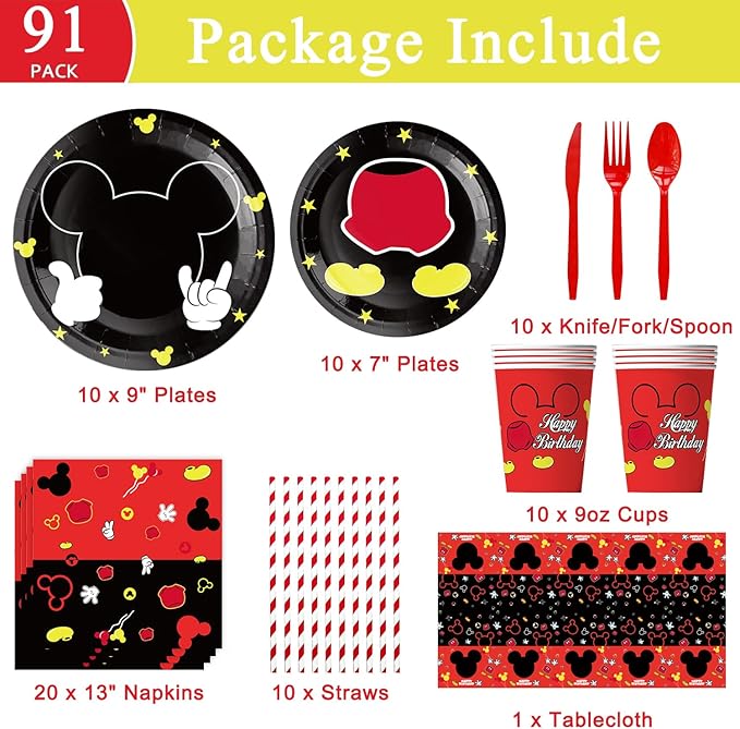 91Pcs Red Mouse Party Supplies Tableware Set, Cartoon Theme Birthday Party Decorations Include Paper Plates, Napkins, Tablecloth, Straws, Cups, Knives, Spoons and Forks (Red)