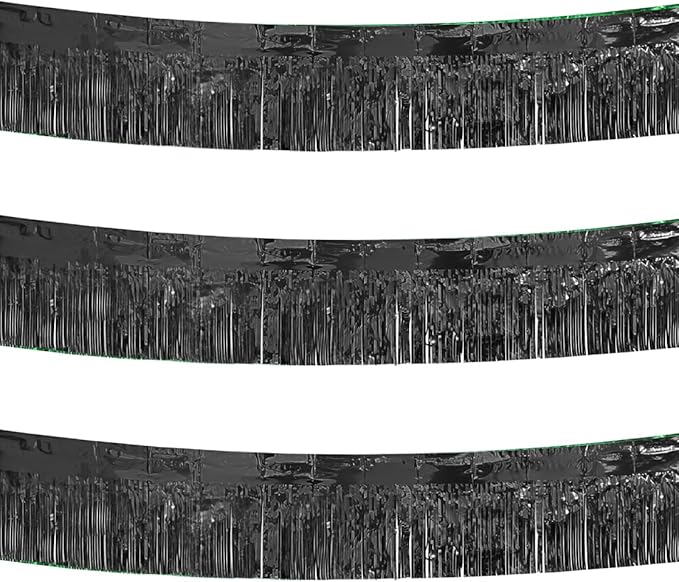 3 Pack Black Total 30 Feet Foil Fringe Garland Metallic Tinsel Banner Wall Hanging Drapes Parade Float Skirting Decorations for Trailer Mardi Gras Party Birthday Wedding Baby Shower (Black)