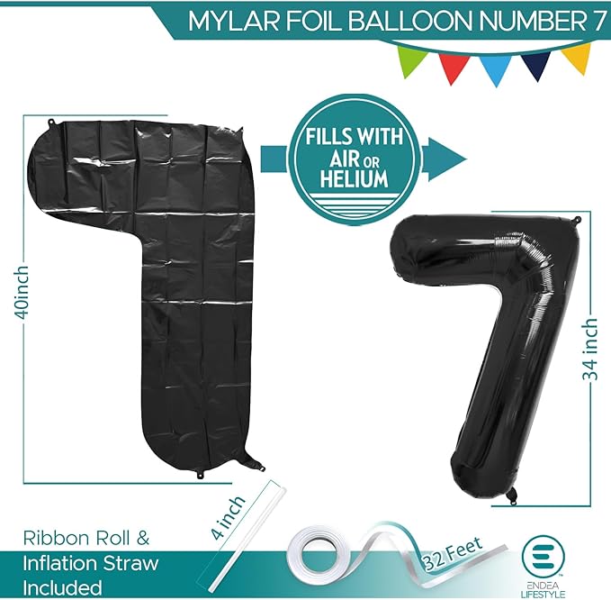 40 Inch Large Black Number Celebration and Decoration Balloon for Birthday Parties, Graduations, Anniversaries, Weddings, Photo Shoots, Special Events - Helium Foil Mylar (Black Number 7)