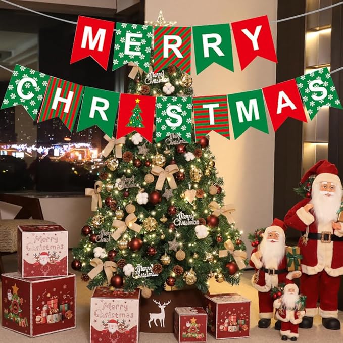 Merry Christmas Banner Decorations Red Green Xmas Paper Banner Sign Home Office Decor Banners Merry Christmas Party Decoration for Xmas Holiday Fireplace Wall Window Indoor Decor