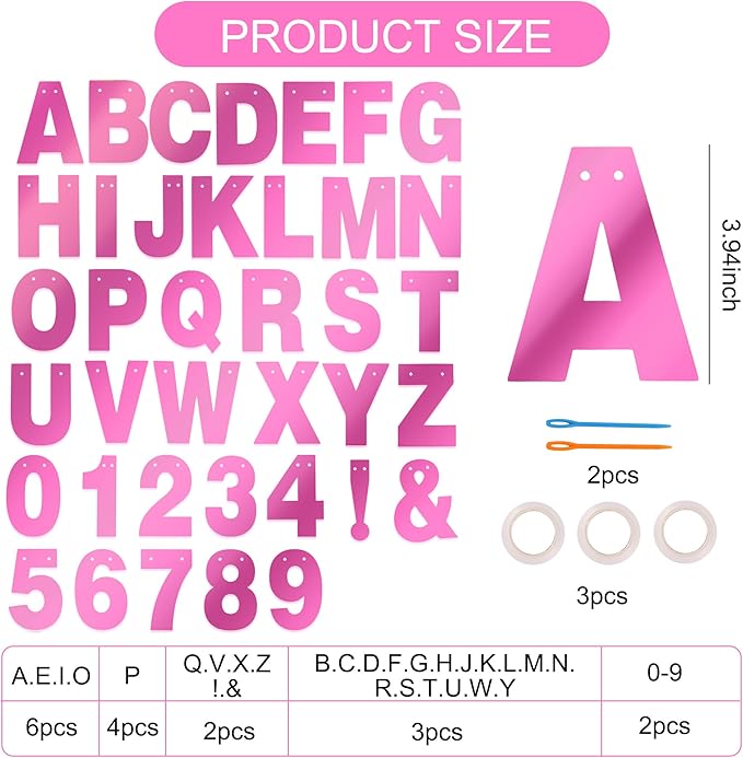 BEISHIDA 116 PCS A-Z DIY Letter Banner Kit Make Your Own Banner Double-Sided Pink Including 111 Letters and Numbers 3 Rope and 9 Threading Device,Customized for Birthday Graduation Wedding Decor