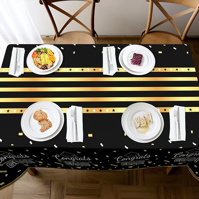 Childom 3 Pack Graduation Tablecloth,Graduation Decorations Class of 2026 Graduation Party Decorations,54"x108" Black and Gold Plastic Table Cloth Disposable Rectangle for Home,School,Party Supplies