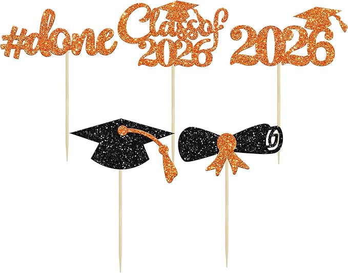 Gyufise 30Pcs 2026 Graduation Cupcake Toppers Orange Glitter Class of 2026 Done Cupcake Picks Grad Cap Diploma Cake Decorations for 2026 Graduation Theme Party Cake Decorations Supplies