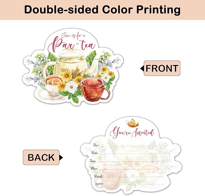 REWIDPARTY 20 Pack Floral Tea Party Invitation Cards with Envelopes & Stickers, Watercolor Floral Shaped Fill-in Invitations Let's Par-Tea Invites Cards Tea Birthday Party Supplies for Kids Adults