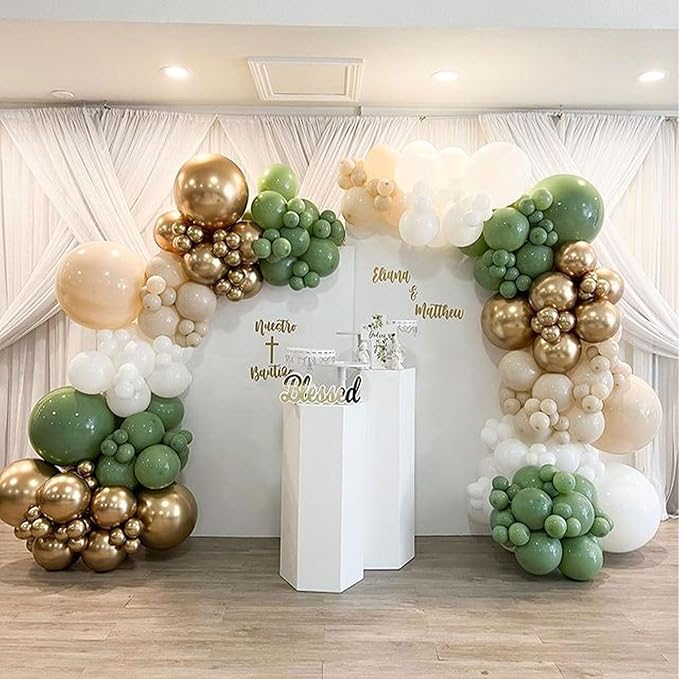Sage Green White Gold Balloons Garland Arch Kit, 144Pcs 18/12/10/5Inch Sage Green White Metallic Gold and Confetti Latex Balloons for Birthday Baby Shower Engagement Wedding Party Decorations