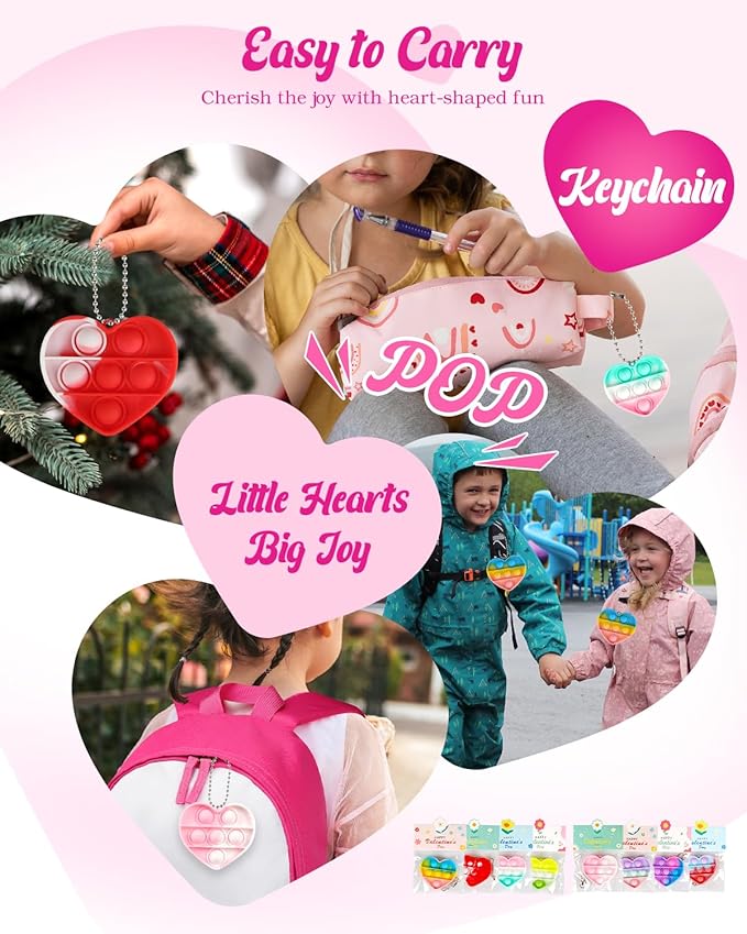 32 Pack Valentine's Day Heart-Shaped Pop Fidget Toys for Kids, Classroom Bulk Gifts with Keychains & Cards, Perfect for School Party & Class Exchanges