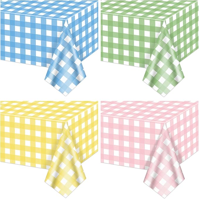 4Pcs Easter Plaid Tablecloths Plastic Disposable Rectangle Pastel Checkered Table Cover for Spring Easter Picnic Baby Shower Birthday Party Decorations, 51 x 86 Inch