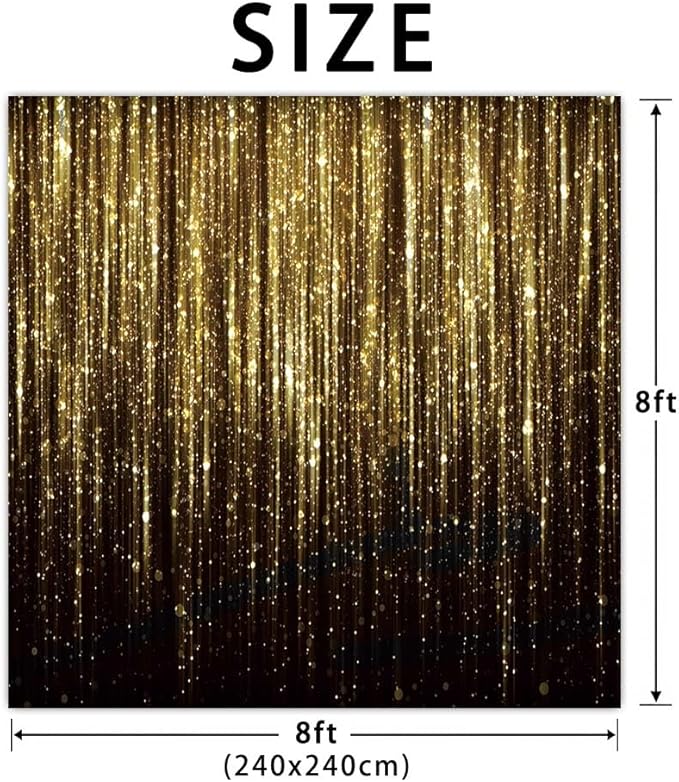 8x8 FT Black Gold Glitter Photo Backdrop Golden Spots Bokeh Sequin Portrait Photography Background Happy New Year Baby Shower Birthday Anniversary Party Banner Decorations Polyester
