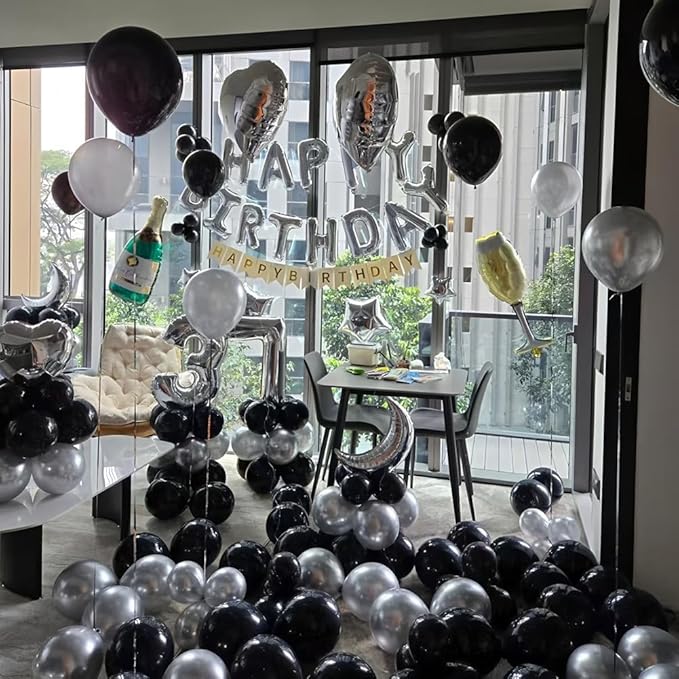 200 Pcs Black and Silver Balloons 12 Inch Latex Black Metallic Chrome Silver Balloon for Birthday Wedding Bridal Baby Shower Supplies Graduation Party Decorations
