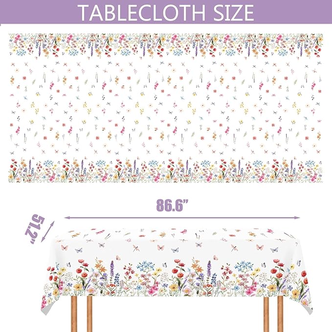 3 Pcs Wildflower Tablecloth Spring Summer Floral Table Cover for Butterfly Wildflowers Theme Picnic Dining Holiday Weeding Baby Shower Birthday Tea Party Table Supplies Decorations