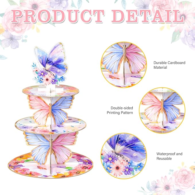 Butterfly Cupcake Stand,3 Tier Cupcake Tower,Butterfly Decorations with Floral Crown for Birthday Wedding Baby Shower Party Supplies Pink Purple Butterfly Dessert Cake Tower Stand