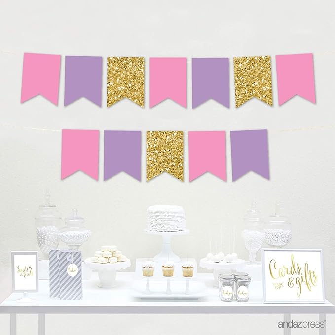 Andaz Press Hanging Pennant Banner with String, Pink, Lavender, Faux Gold Glitter, 1-Set, 24 Pennants, Approx. 12-Feet Long, Unicorn Birthday Theme Colored Supplies