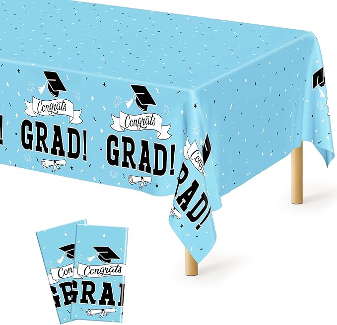 2Pcs Graduation Tablecloths, 108" X 54" Skyblue Graduation Table Decorations 2026, Rectangle Table Cloths for Class 2026 Congrats Grad, Disposable Plastic Tablecover for Grad Decor Party Supplies