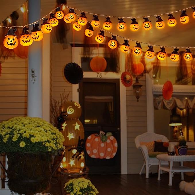 Battery Operated Pumpkin Lights for Halloween Decorations Indoor, Jack-o-Lantern String Lights for Halloween Party Front Door Porch Fireplace Camper Golf Cart Parade Garland Wreath Decor