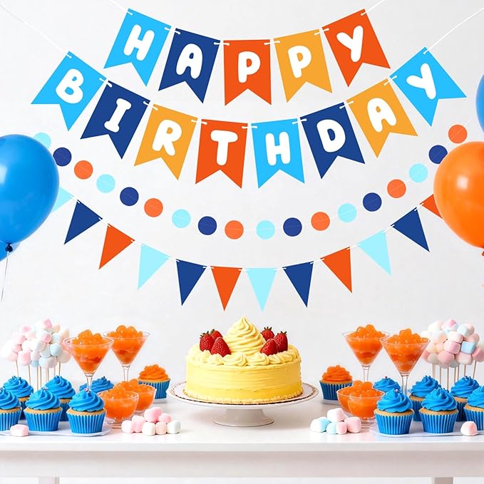 Blue & Orange Happy Birthday Banner, Happy Birthday Decorations Hanging Birthday Sign Circle Dot Triangle Bunting for Women Men Girl Boy Party Supplies