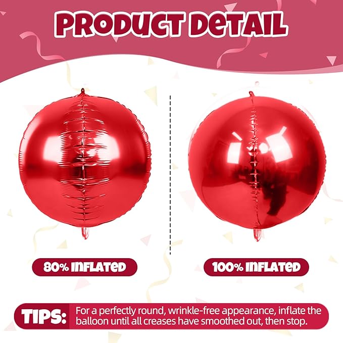 12Pcs Red Round Balloons Foil, 22" 18" 15" 10" 4D Round Ball Balloon, Big Metallic Red Foil Balloons Helium for Valentine Day Graduation Christmas New Year Prom Birthday Party Decorations Supplies