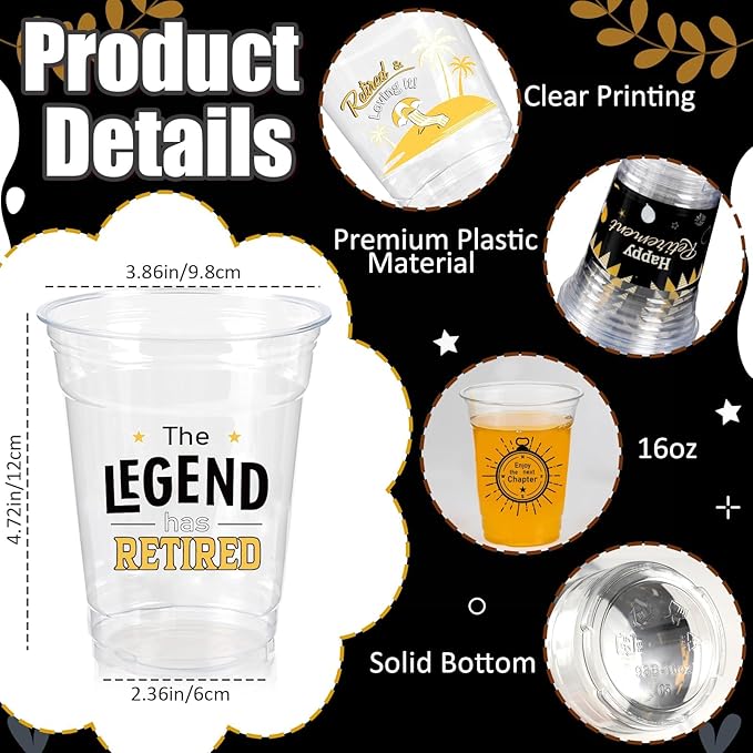 Retirement Party Decoration Cups, 50pcs 16 Oz Plastic Clear Drinking Cups for Retirement Party Supplies Favors Women Men Snack Cup Bulk