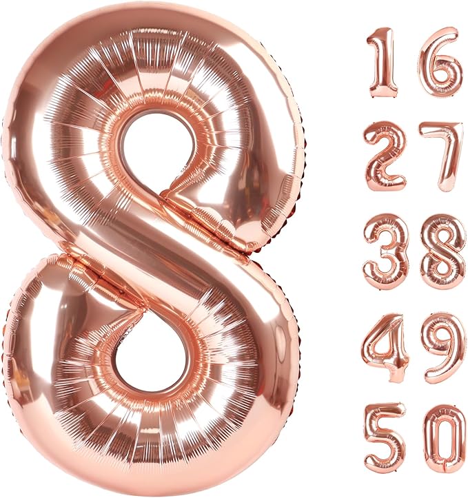 Rose Gold Number 8 Balloon Foil Mylar Number 8th Birthday 40 Inch Big Giant Helium Number for 18 28 Birthday Decor,Boys Girl Party Supplies & 80 Anniversary Events