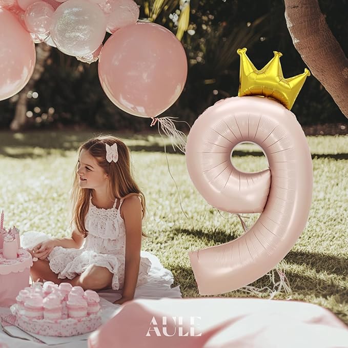 AULE 40 Inch Big Pink 9 Balloon Number with Crown Large Foil Helium Number Balloons 0-9 Jumbo Giant Happy 9th Birthday Party Decorations Huge Mylar Anniversary Party Supplies
