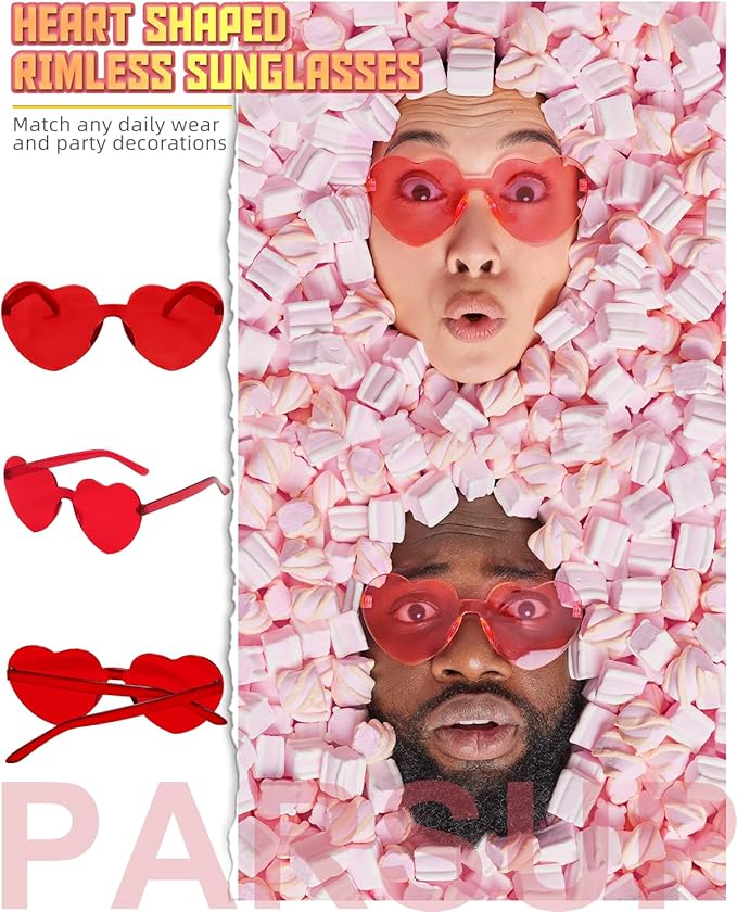 PARSUP 15 Pairs Heart Shaped Rimless Glasses Frameless Heart Sunglasses Transparent Red/Rose Red/Pink Color Glasses Tinted Eyewear Bachelorette Party Favors Photo Booth Props