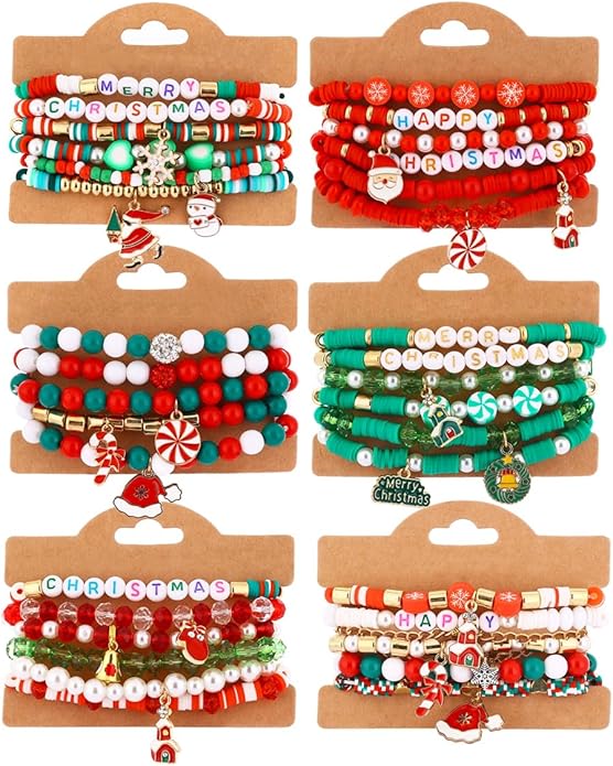 Cooluckday 36 Pcs Holiday Heishi Surfer Bracelets for Women Bulk Easter Mother's Day Christmas St. Patrick's Day Mardi Gras Bracelet Stackable Stretch Friendship Bracelets Set