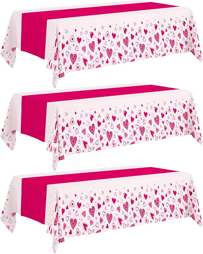 Valentine's Day Tablecloth 3-Pack, 54x108 Inch Disposable Plastic Table Covers, Pink Heart Themed Decor for Romantic Party, Galentine‘s Day and Mother's Day Table Decorations
