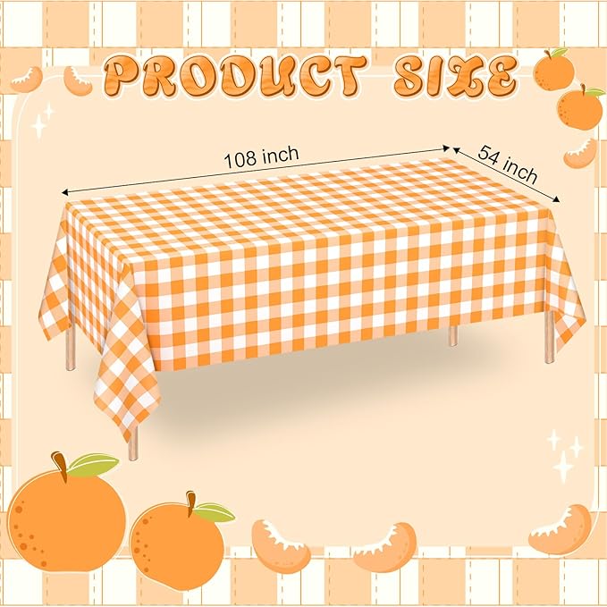 WNINK 4 Pack Orange and White Checkered Rectangular Plastic Tablecloths, Orange Gingham Waterproof Disposable Table Covers 54" x 108" for Birthday, Wedding, Outdoor Picnic Camping Parties
