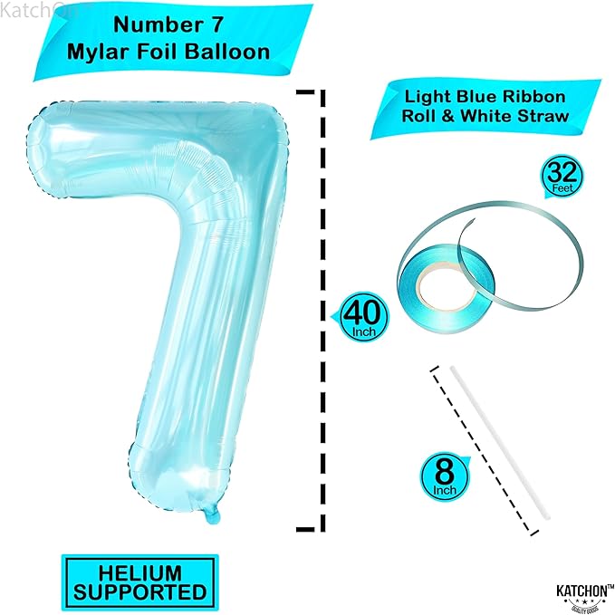 KatchOn, Giant Light Blue Number 7 Balloon - 40 Inch | 7th Birthday Balloon for 7th Birthday Decorations | 7 balloons for Birthday | Seven balloon Number | 7 Year Old balloons for 7 Year Decorations