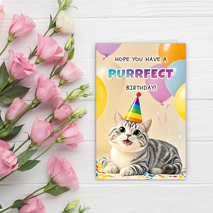 Happy Purrfect Birthday Card Funny Cat Bday Notecard Gift for Him Her Mom Wife Sister Coworkers Friends