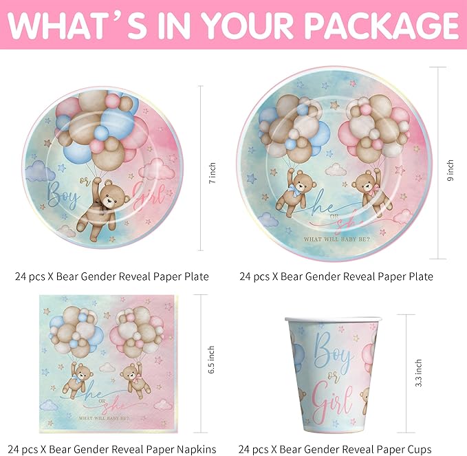 Bear Gender Reveal Decorations Party Tableware - Bear Boy Or Girl Gender Reveal Supplies, Paper Plate, Cup, Napkin, Tablecloth, Cutlery, He Or She Table Decorations | Serves 24