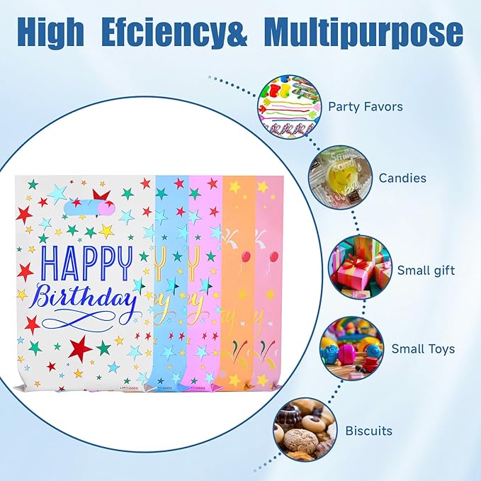 GOMANCHE 40-Pack Happy Birthday Party Favor Bags 9.4 x 6.3 Inch - Colorful Reusable Goodie Gift Bags for Kids, Girls & Boys Birthday Parties, Baby Showers & Special Events