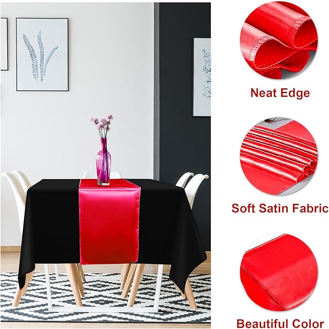 12Pack 12x108 Inch Satin Table Runner and 54x108Inch Plastic Tablecloths Set Black and Red Disposable Rectangle Table Cover for Graduation Wedding Bridal Shower Anniversary Birthday Party Decorations