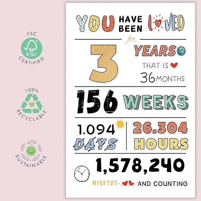 Cute 3rd Birthday Card for Girls Boys, Ideal 3rd Birthday Gift from Mom Dad, 3 Years Old Birthday Card Gift For Son Daughter Children, Three Years Old Birthday Decorations for Grandson Granddaughter