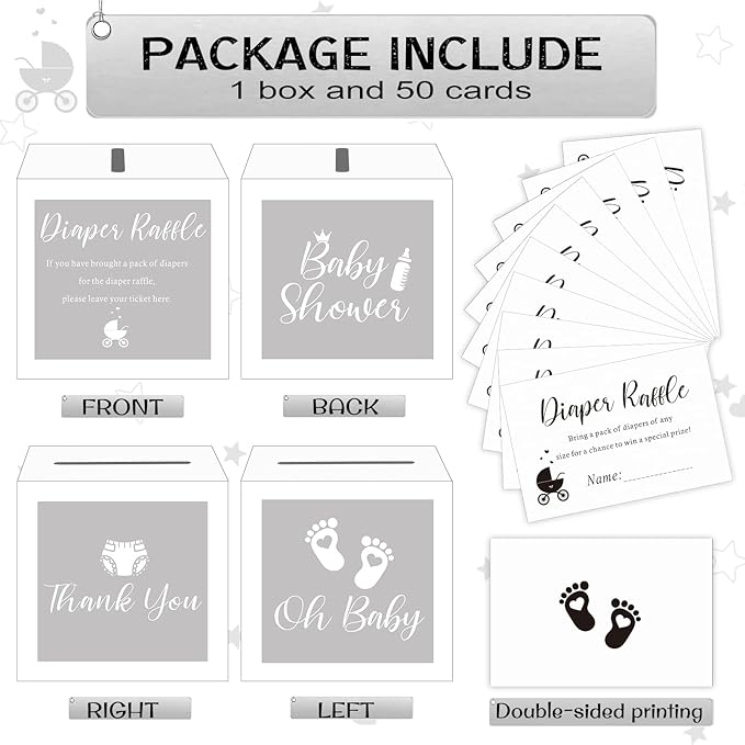 Funrous 51 Diaper Raffle Tickets with Box for Baby Shower Game Invitations Diaper Raffle Card for Gender Reveal Baby Shower Party Decoration Table Centerpiece(Clear White)