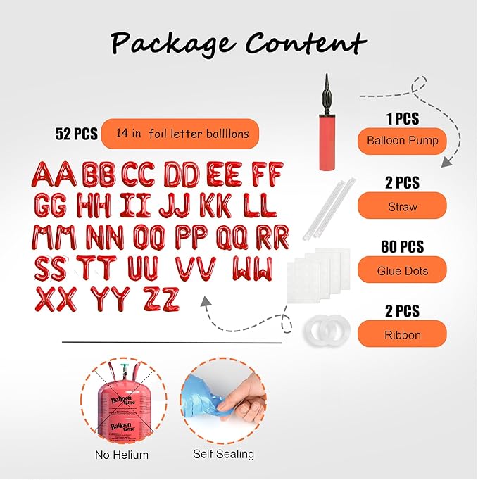 52 pcs Red Foil Letter Balloons with Air Pump, 16 Inch 2 A-Z Sets - Mylar Alphabet Balloon Kit for New Year, Valentine‘s Day, Birthday Banner & Party Decorations